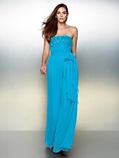 cheap Evening Dresses-Jumpsuits Elegant Dress Wedding Guest Formal Evening Floor Length Sleeveless Strapless Chiffon with Bow(s) Beading 2023