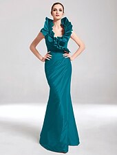 baratos Casamento &amp; Festas-Sereia Elegante Vestido Desgaste do partido Longo Sem Manga Decote V Tafetá com Fru-Fru 2022