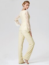 cheap Mom&#039;s Pant Suits-Jumpsuits Sheath / Column Jumpsuit / Pantsuit Mother of the Bride Dress Formal Church Two Piece See Through Jumpsuits Jewel Neck Floor Length Chiffon Lace Long Sleeve with Lace 2023