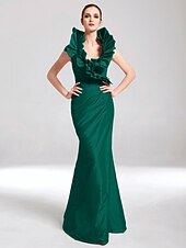 baratos Casamento &amp; Festas-Sereia Elegante Vestido Desgaste do partido Longo Sem Manga Decote V Tafetá com Fru-Fru 2022