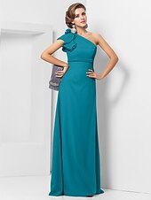 cheap Weddings &amp; Events-Sheath / Column Elegant Dress Wedding Guest Formal Evening Floor Length Sleeveless One Shoulder Bridesmaid Dress Chiffon with Sash / Ribbon Appliques 2023