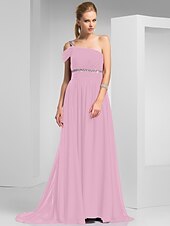 cheap Special Occasion Dresses-Sheath / Column Elegant Prom Formal Evening Dress One Shoulder Short Sleeve Sweep / Brush Train Chiffon with Ruched Beading 2022