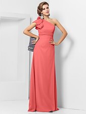 cheap Weddings &amp; Events-Sheath / Column Elegant Dress Wedding Guest Formal Evening Floor Length Sleeveless One Shoulder Bridesmaid Dress Chiffon with Sash / Ribbon Appliques 2023