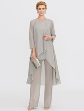 billiga Mammas byxdräkter-Strand Bröllop Jumpsuit/Byxdräkt 3 Delar Mor Till Brud Bröllops Gäst Elegant Plus Size Inkluderat Bateau Hals Golvlängd Chiffon Ärmlös Jacka es med Enfärgade Färger