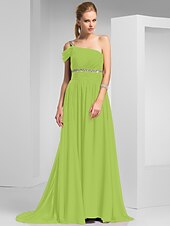 cheap Special Occasion Dresses-Sheath / Column Elegant Prom Formal Evening Dress One Shoulder Short Sleeve Sweep / Brush Train Chiffon with Ruched Beading 2022