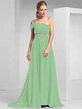 cheap Special Occasion Dresses-Sheath / Column Elegant Prom Formal Evening Dress One Shoulder Short Sleeve Sweep / Brush Train Chiffon with Ruched Beading 2022