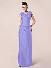 abordables Bodas y eventos-Funda / Columna Vestido de Madrina Inspiración Vintage Escote en Pico Hasta el Suelo Tafetán Manga Corta con Botones Recogido 2020