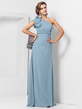 cheap Weddings &amp; Events-Sheath / Column Elegant Dress Wedding Guest Formal Evening Floor Length Sleeveless One Shoulder Bridesmaid Dress Chiffon with Sash / Ribbon Appliques 2023