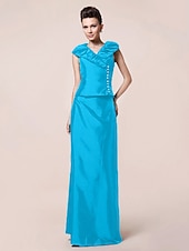 abordables Bodas y eventos-Funda / Columna Vestido de Madrina Inspiración Vintage Escote en Pico Hasta el Suelo Tafetán Manga Corta con Botones Recogido 2020