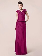 abordables Bodas y eventos-Funda / Columna Vestido de Madrina Inspiración Vintage Escote en Pico Hasta el Suelo Tafetán Manga Corta con Botones Recogido 2020