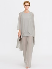 billiga Mammas byxdräkter-Strand Bröllop Jumpsuit/Byxdräkt 3 Delar Mor Till Brud Bröllops Gäst Elegant Plus Size Inkluderat Bateau Hals Golvlängd Chiffon Ärmlös Jacka es med Enfärgade Färger