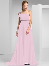 cheap Special Occasion Dresses-Sheath / Column Elegant Prom Formal Evening Dress One Shoulder Short Sleeve Sweep / Brush Train Chiffon with Ruched Beading 2022