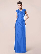 abordables Bodas y eventos-Funda / Columna Vestido de Madrina Inspiración Vintage Escote en Pico Hasta el Suelo Tafetán Manga Corta con Botones Recogido 2020