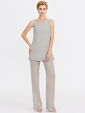 billiga Mammas byxdräkter-Strand Bröllop Jumpsuit/Byxdräkt 3 Delar Mor Till Brud Bröllops Gäst Elegant Plus Size Inkluderat Bateau Hals Golvlängd Chiffon Ärmlös Jacka es med Enfärgade Färger