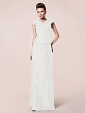abordables Bodas y eventos-Funda / Columna Vestido de Madrina Inspiración Vintage Escote en Pico Hasta el Suelo Tafetán Manga Corta con Botones Recogido 2020