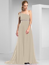 cheap Special Occasion Dresses-Sheath / Column Elegant Prom Formal Evening Dress One Shoulder Short Sleeve Sweep / Brush Train Chiffon with Ruched Beading 2022