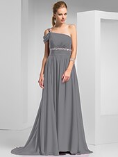 cheap Special Occasion Dresses-Sheath / Column Elegant Prom Formal Evening Dress One Shoulder Short Sleeve Sweep / Brush Train Chiffon with Ruched Beading 2022