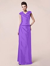 abordables Bodas y eventos-Funda / Columna Vestido de Madrina Inspiración Vintage Escote en Pico Hasta el Suelo Tafetán Manga Corta con Botones Recogido 2020