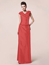 abordables Bodas y eventos-Funda / Columna Vestido de Madrina Inspiración Vintage Escote en Pico Hasta el Suelo Tafetán Manga Corta con Botones Recogido 2020