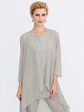billiga Mammas byxdräkter-Strand Bröllop Jumpsuit/Byxdräkt 3 Delar Mor Till Brud Bröllops Gäst Elegant Plus Size Inkluderat Bateau Hals Golvlängd Chiffon Ärmlös Jacka es med Enfärgade Färger