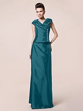 abordables Bodas y eventos-Funda / Columna Vestido de Madrina Inspiración Vintage Escote en Pico Hasta el Suelo Tafetán Manga Corta con Botones Recogido 2020