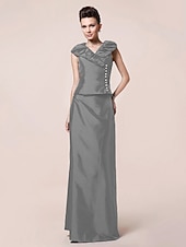 abordables Bodas y eventos-Funda / Columna Vestido de Madrina Inspiración Vintage Escote en Pico Hasta el Suelo Tafetán Manga Corta con Botones Recogido 2020