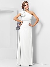 cheap Weddings &amp; Events-Sheath / Column Elegant Dress Wedding Guest Formal Evening Floor Length Sleeveless One Shoulder Bridesmaid Dress Chiffon with Sash / Ribbon Appliques 2023