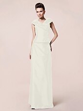 abordables Bodas y eventos-Funda / Columna Vestido de Madrina Inspiración Vintage Escote en Pico Hasta el Suelo Tafetán Manga Corta con Botones Recogido 2020