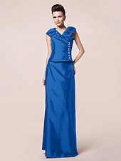 abordables Bodas y eventos-Funda / Columna Vestido de Madrina Inspiración Vintage Escote en Pico Hasta el Suelo Tafetán Manga Corta con Botones Recogido 2020