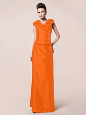 abordables Bodas y eventos-Funda / Columna Vestido de Madrina Inspiración Vintage Escote en Pico Hasta el Suelo Tafetán Manga Corta con Botones Recogido 2020
