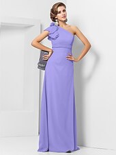 cheap Weddings &amp; Events-Sheath / Column Elegant Dress Wedding Guest Formal Evening Floor Length Sleeveless One Shoulder Bridesmaid Dress Chiffon with Sash / Ribbon Appliques 2023
