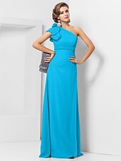 cheap Weddings &amp; Events-Sheath / Column Elegant Dress Wedding Guest Formal Evening Floor Length Sleeveless One Shoulder Bridesmaid Dress Chiffon with Sash / Ribbon Appliques 2023