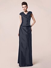 abordables Bodas y eventos-Funda / Columna Vestido de Madrina Inspiración Vintage Escote en Pico Hasta el Suelo Tafetán Manga Corta con Botones Recogido 2020