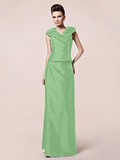 abordables Bodas y eventos-Funda / Columna Vestido de Madrina Inspiración Vintage Escote en Pico Hasta el Suelo Tafetán Manga Corta con Botones Recogido 2020