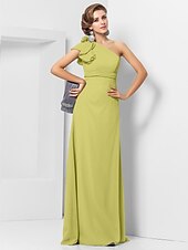 cheap Weddings &amp; Events-Sheath / Column Elegant Dress Wedding Guest Formal Evening Floor Length Sleeveless One Shoulder Bridesmaid Dress Chiffon with Sash / Ribbon Appliques 2023
