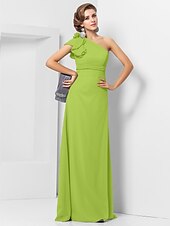 cheap Weddings &amp; Events-Sheath / Column Elegant Dress Wedding Guest Formal Evening Floor Length Sleeveless One Shoulder Bridesmaid Dress Chiffon with Sash / Ribbon Appliques 2023