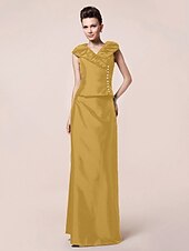 abordables Bodas y eventos-Funda / Columna Vestido de Madrina Inspiración Vintage Escote en Pico Hasta el Suelo Tafetán Manga Corta con Botones Recogido 2020