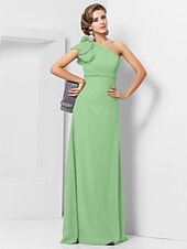 cheap Weddings &amp; Events-Sheath / Column Elegant Dress Wedding Guest Formal Evening Floor Length Sleeveless One Shoulder Bridesmaid Dress Chiffon with Sash / Ribbon Appliques 2023