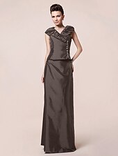 abordables Bodas y eventos-Funda / Columna Vestido de Madrina Inspiración Vintage Escote en Pico Hasta el Suelo Tafetán Manga Corta con Botones Recogido 2020