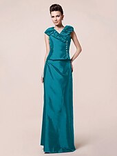 abordables Bodas y eventos-Funda / Columna Vestido de Madrina Inspiración Vintage Escote en Pico Hasta el Suelo Tafetán Manga Corta con Botones Recogido 2020