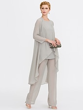 billiga Mammas byxdräkter-Strand Bröllop Jumpsuit/Byxdräkt 3 Delar Mor Till Brud Bröllops Gäst Elegant Plus Size Inkluderat Bateau Hals Golvlängd Chiffon Ärmlös Jacka es med Enfärgade Färger