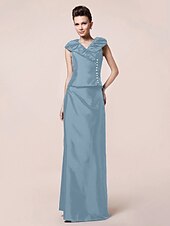 abordables Bodas y eventos-Funda / Columna Vestido de Madrina Inspiración Vintage Escote en Pico Hasta el Suelo Tafetán Manga Corta con Botones Recogido 2020