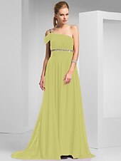 cheap Special Occasion Dresses-Sheath / Column Elegant Prom Formal Evening Dress One Shoulder Short Sleeve Sweep / Brush Train Chiffon with Ruched Beading 2022