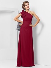 cheap Weddings &amp; Events-Sheath / Column Elegant Dress Wedding Guest Formal Evening Floor Length Sleeveless One Shoulder Bridesmaid Dress Chiffon with Sash / Ribbon Appliques 2023