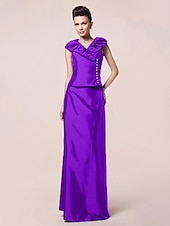 abordables Bodas y eventos-Funda / Columna Vestido de Madrina Inspiración Vintage Escote en Pico Hasta el Suelo Tafetán Manga Corta con Botones Recogido 2020