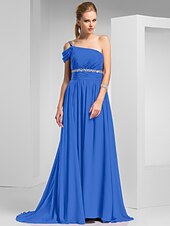 cheap Special Occasion Dresses-Sheath / Column Elegant Prom Formal Evening Dress One Shoulder Short Sleeve Sweep / Brush Train Chiffon with Ruched Beading 2022