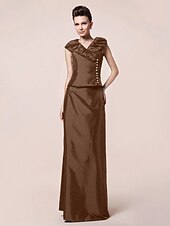 abordables Bodas y eventos-Funda / Columna Vestido de Madrina Inspiración Vintage Escote en Pico Hasta el Suelo Tafetán Manga Corta con Botones Recogido 2020
