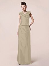 abordables Bodas y eventos-Funda / Columna Vestido de Madrina Inspiración Vintage Escote en Pico Hasta el Suelo Tafetán Manga Corta con Botones Recogido 2020