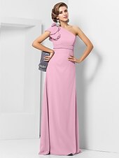 cheap Weddings &amp; Events-Sheath / Column Elegant Dress Wedding Guest Formal Evening Floor Length Sleeveless One Shoulder Bridesmaid Dress Chiffon with Sash / Ribbon Appliques 2023