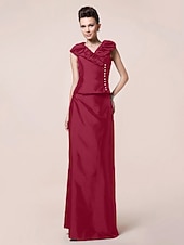 abordables Bodas y eventos-Funda / Columna Vestido de Madrina Inspiración Vintage Escote en Pico Hasta el Suelo Tafetán Manga Corta con Botones Recogido 2020